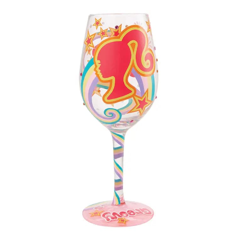 Lolita Barbie The Original Fashionista Handpainted Wine Glass, 15 oz. [Message Barbie. Groovy vibes, Dimensions Holds 15 oz.; 9.05" H, Count 1, Care instructions Hand wash only.]