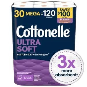 Cottonelle Ultra Soft Toilet Paper - 30 Mega Rolls [Health Facts Dye-Free, No Fragrance Added, Sheets Per Roll 244, Sustainability Claims Plant-Based, Count 30 Rolls]