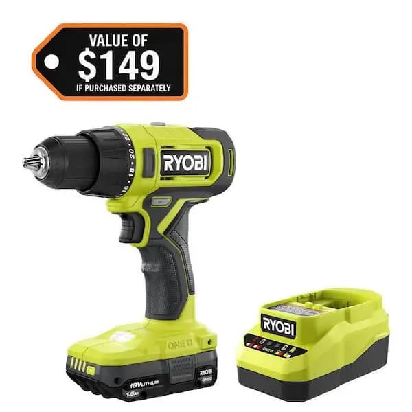 RYOBI ONE+ 18V Cordless 1/2 in. Drill/Driver Kit with (1) Compact Battery and Charger, PCL206K1 [Battery Amp Hours: 1.5 Ah, Battery Power Type: Lithium Ion, Battery Voltage (V): 18