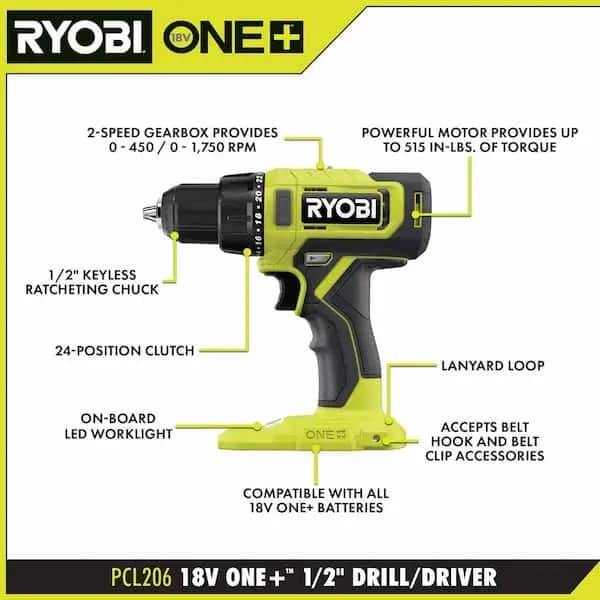 RYOBI ONE+ 18V Cordless 1/2 in. Drill/Driver Kit with (1) Compact Battery and Charger, PCL206K1 [Battery Amp Hours: 1.5 Ah, Battery Power Type: Lithium Ion, Battery Voltage (V): 18