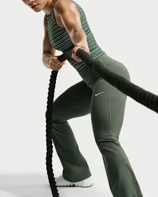 Nike One Women's High-Waisted Flared Leggings Camo Green/White [Camo Green/White, Back pocket fits most phones., Swoosh logo]