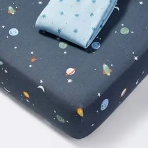 2pk Fitted Cotton Blend Jersey Crib Sheets - Space - Cloud Island™ [Dimensions (Overall) 46 Inches (L), 22 Inches (W), Fabric Name Jersey, Textile Material 95% Cotton, 5% Spandex,