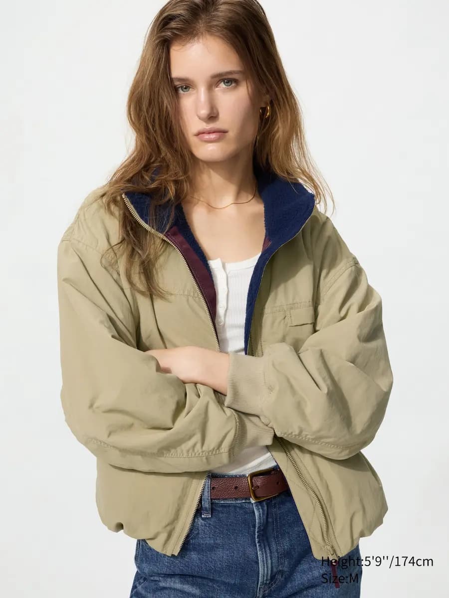 Uniqlo Fleece Lined Stand Blouson Beige [Imported, Hand wash cold, Do not dry clean, Relaxed silhouette creates an effortless look.]