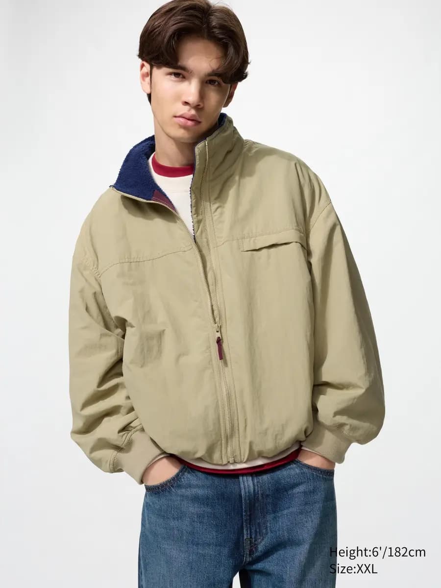 Uniqlo Fleece Lined Stand Blouson Beige [Imported, Hand wash cold, Do not dry clean, Relaxed silhouette creates an effortless look.]