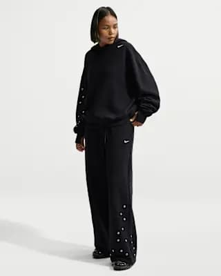 Nike Studio Fleece Medium Weight Women's Mid-Rise Wide-Leg Pants Total Black/Sail [Body: 80% cotton/20% polyester. Pockets: 100% cotton., Machine wash, XS (0–2)-XXL (20–22)]