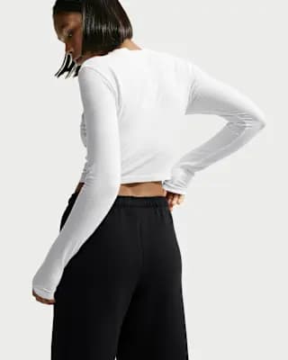 Nike Studio Fleece Medium Weight Women's Mid-Rise Wide-Leg Pants Total Black/Sail [Body: 80% cotton/20% polyester. Pockets: 100% cotton., Machine wash, XS (0–2)-XXL (20–22)]