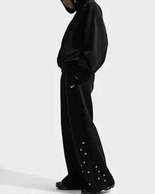 Nike Studio Fleece Medium Weight Women's Mid-Rise Wide-Leg Pants Total Black/Sail [Body: 80% cotton/20% polyester. Pockets: 100% cotton., Machine wash, XS (0–2)-XXL (20–22)]