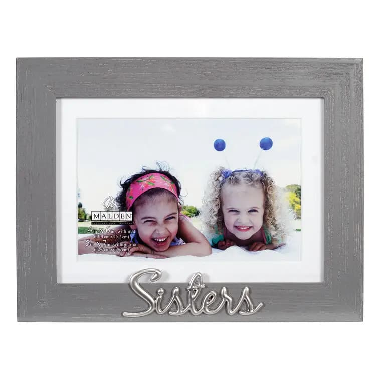 Malden Sisters Gray Distressed Wood Picture Frame, 4x6/5x7 [Malden weathered gray wood picture f, Sisters., Holds one horizontal 4x6 or 5x7 with, Easel back.]