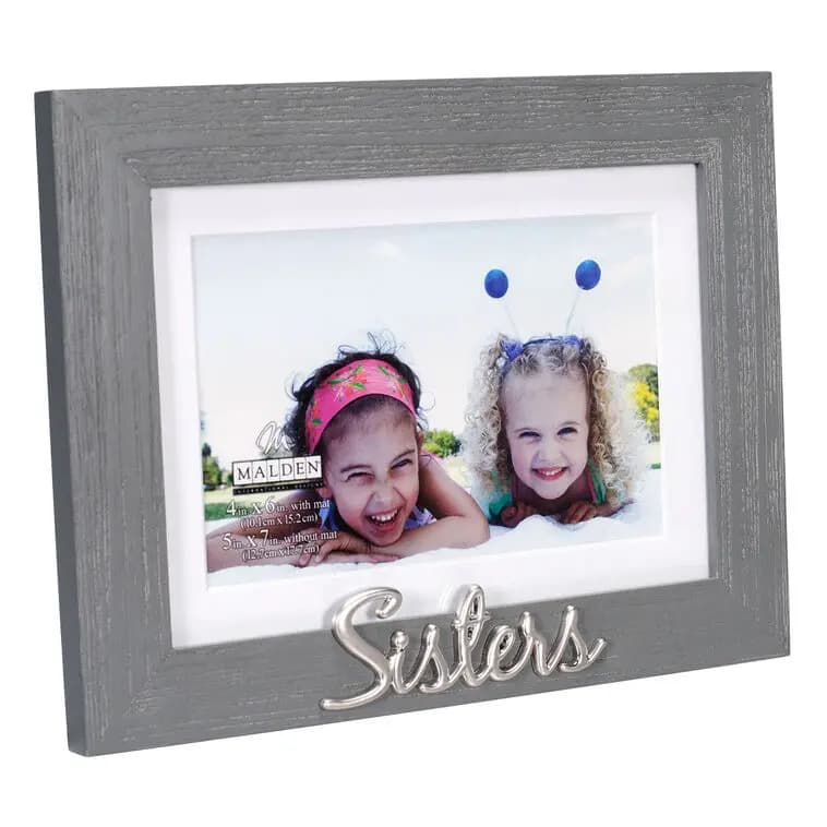 Malden Sisters Gray Distressed Wood Picture Frame, 4x6/5x7 [Malden weathered gray wood picture f, Sisters., Holds one horizontal 4x6 or 5x7 with, Easel back.]
