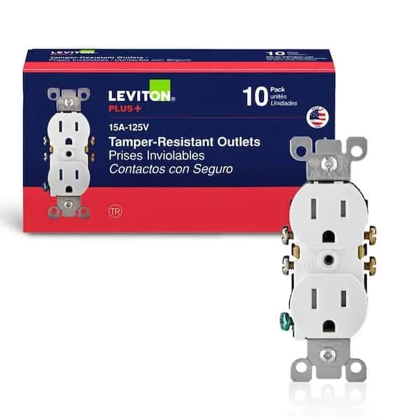 Leviton 15 Amp 125 V Tamper Resistant Duplex Outlet/Receptacle, White (10-Pack) T5320-WMP, M22-T5320-WMP [Amperage (A): 15 A, Color Family: White, Color/Finish: White]