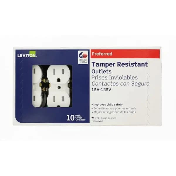 Leviton 15 Amp 125 V Tamper Resistant Duplex Outlet/Receptacle, White (10-Pack) T5320-WMP, M22-T5320-WMP [Amperage (A): 15 A, Color Family: White, Color/Finish: White]