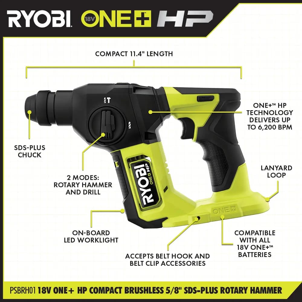 RYOBI 18V ONE+ HP Compact Brushless 5/8" SDS-Plus Rotary Hammer [Compact (Length) 11.4", Drill Capacity 5/8", RPM 0 - 1,250]