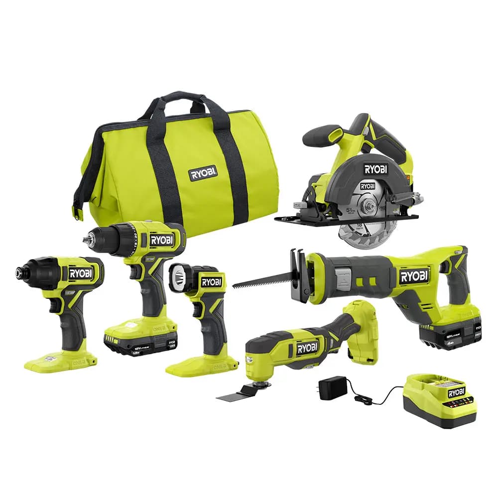 RYOBI 18V ONE+ 6-Tool Combo Kit [Fuel Gauge Integrated LEDs, Capacity 1.5Ah, Fuel Gauge Integrated LEDs]