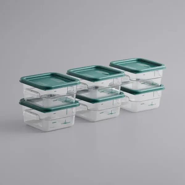 Vigor 2 Qt. Clear Square Polycarbonate Food Storage Container and Green Lid - 6/Pack [Length 7 1/8 Inches, Width 7 1/8 Inches, Height 3 13/16 Inches, Capacity 2 qt.]