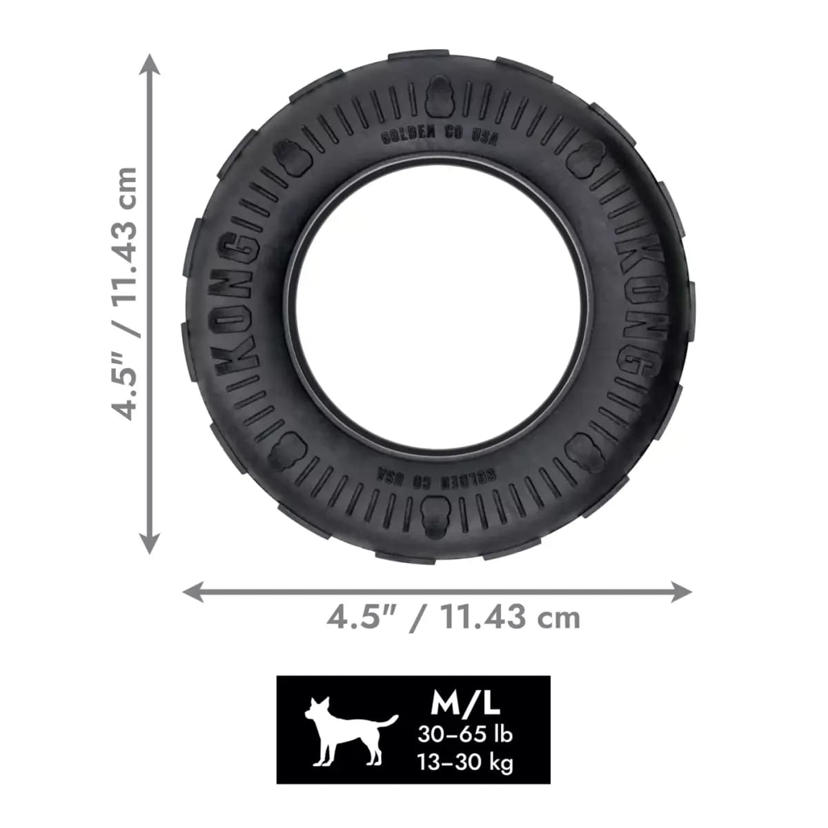 KONG® Tires Heavy-Duty Chew Dog Toy [Description and Overview KONG Tires is a durable tire chew design, Product Brand & Name KONG® Extreme Tires Md/Lg, Intended for Dog, Dimensions