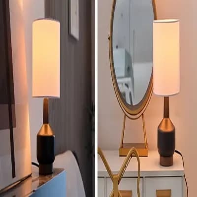 Globe Electric 15" Matte Black Ceramic Table Lamp with Wood Toned Base and White Linen Shade: ETL Listed, No Assembly Required [5 Feet, Ceramic, 7.63 Inches (H)]