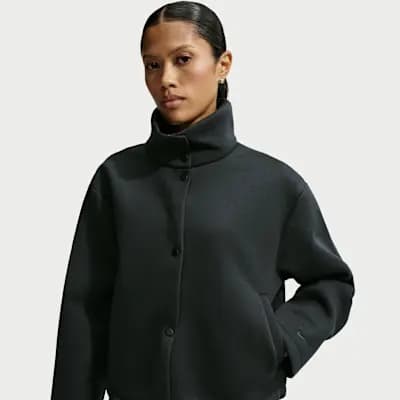 Nike Article Fleece Women's Oversized Jacket Black/Black [Black/Black, Embroidered Swoosh logo, Hand pockets]