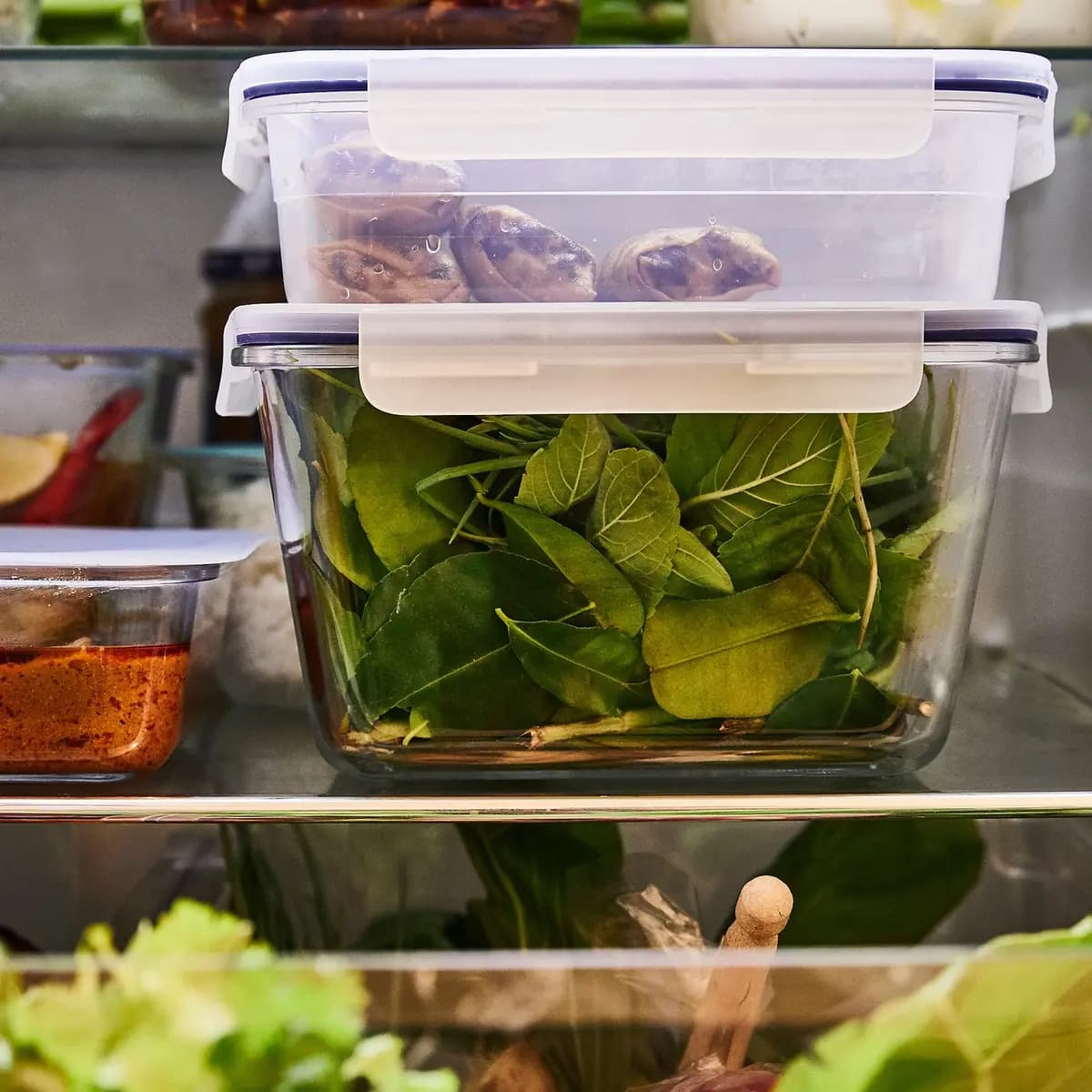 IKEA 365+ food container with lid, rectangular glass/plastic, 61 oz [Length 8 ", Width 6 ", Height 5 ", Volume 61 oz]