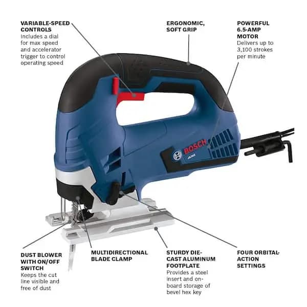 Bosch 6.5 Amp Corded Variable Speed Top-Handle Jig Saw Kit with Carrying Case, JS365 [Amperage (A): 6.5 A, Bevel Capacity (degrees): 45 °, Color Family: Blue]