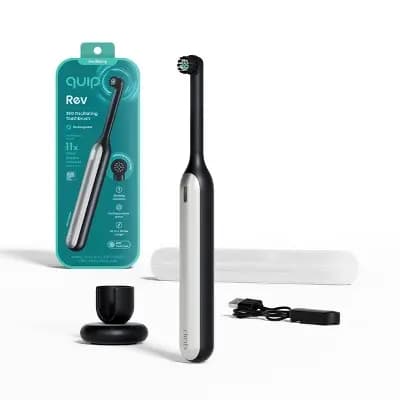 quip Rev Oscillating Rechargeable Electric Toothbrush with Timer Replaceable Head Multiple Modes and Travel Case - Black/Silver [3 Years and Up, Compact, Round, Nylon]