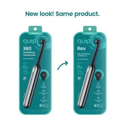 quip Rev Oscillating Rechargeable Electric Toothbrush with Timer Replaceable Head Multiple Modes and Travel Case - Black/Silver [3 Years and Up, Compact, Round, Nylon]