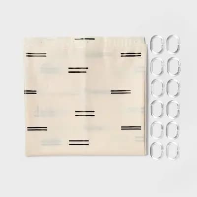 13pc PEVA Dash Shower Curtain and Rings Set Ivory/Black - Room Essentials™ [72 Inches (H) x 70 Inches (W), .72 Pounds, Pressed or Molded]