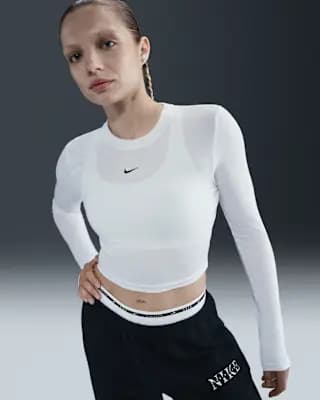 Nike Sportswear Chill Knit Women's Slim Long-Sleeve Cropped Top White/Black [48% modal/46% cotton/6% spandex, Machine wash, XS (0–2)-3XL]