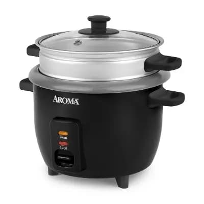 Aroma 6 Cup Rice Cooker with Outer Steam Tray Black [6 Cup, Metal, 300 Watts]