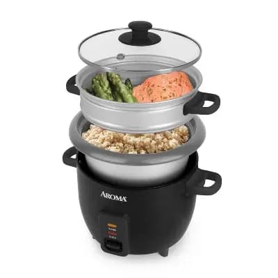 Aroma 6 Cup Rice Cooker with Outer Steam Tray Black [6 Cup, Metal, 300 Watts]
