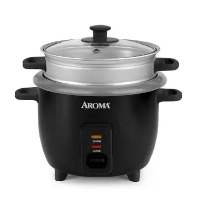 Aroma 6 Cup Rice Cooker with Outer Steam Tray Black [6 Cup, Metal, 300 Watts]