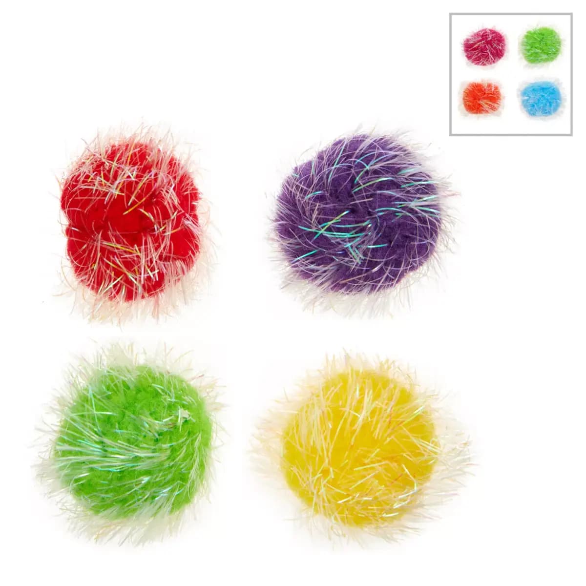 Whisker City® Tinsel Balls Cat Toys, 4 Pack (Color Varies) [Features Multi-colored tinsel balls, Includes 4 Count, Intended For Cats, Activity Swat & Pounce]