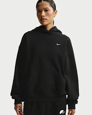 Nike Studio Fleece Heavyweight Women's Oversized Pullover Hoodie Total Black/Sail [Body/Hood Lining: 80% Cotton/20% Polyester, Machine wash, XXS (00)-XXL (20–22)]