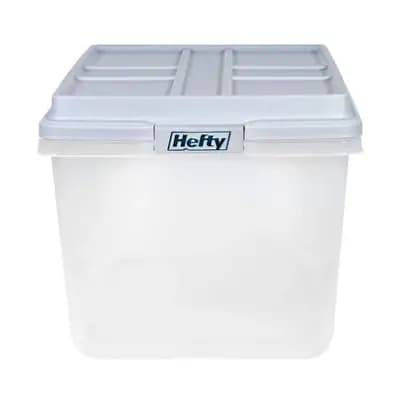 Hefty 72qt Clear Hi-Rise Storage bin with Stackable Lid Gray: Plastic Utility Tubs, Locking Handles, Snap Closure [72 Quart, Spot or Wipe Clean, Universal Storage]