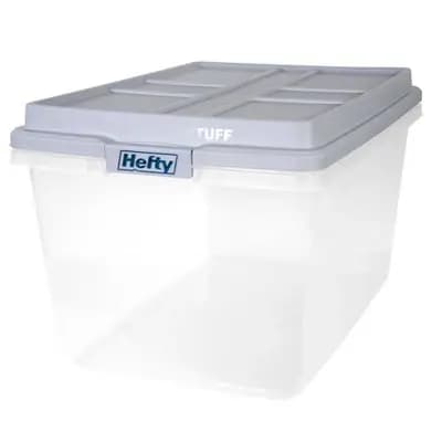 Hefty 72qt Clear Hi-Rise Storage bin with Stackable Lid Gray: Plastic Utility Tubs, Locking Handles, Snap Closure [72 Quart, Spot or Wipe Clean, Universal Storage]