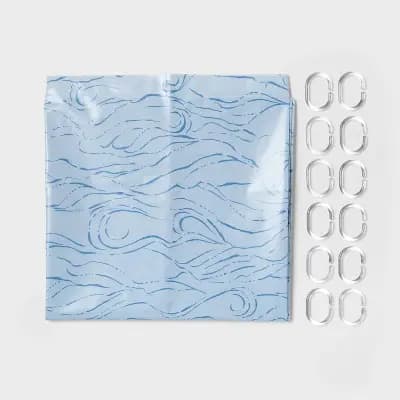 13pc PEVA Waves Shower Curtain and Rings Set Blue - Room Essentials™ [72 Inches (H) x 70 Inches (W), .7 Pounds, Pressed or Molded]