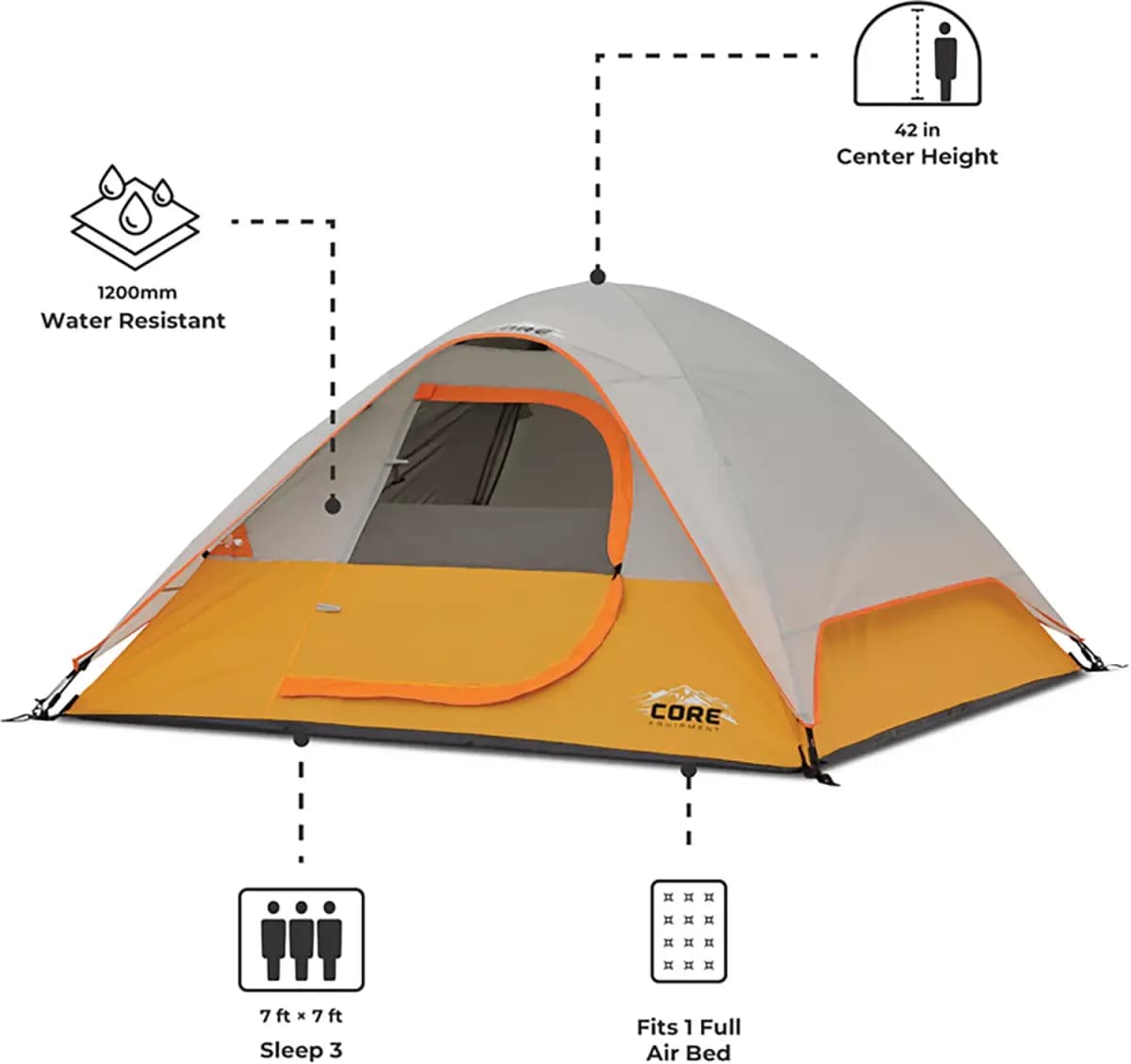 CORE CORE Equipment 3 Person Dome Tent [No, Camping, 7]