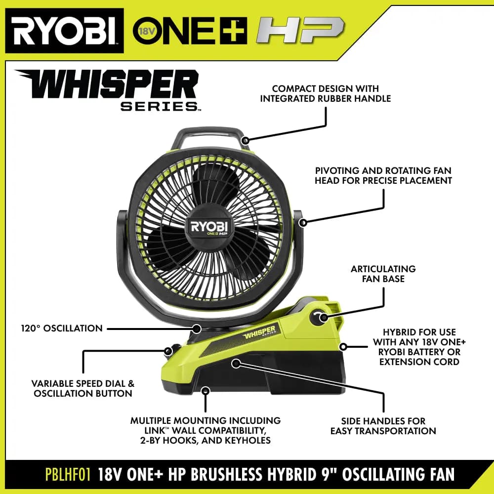 RYOBI 18V ONE+ HP Brushless Hybrid 9" Oscillating Fan [Motor Type Brushless, Blade Diameter 9", CFM 1,200]