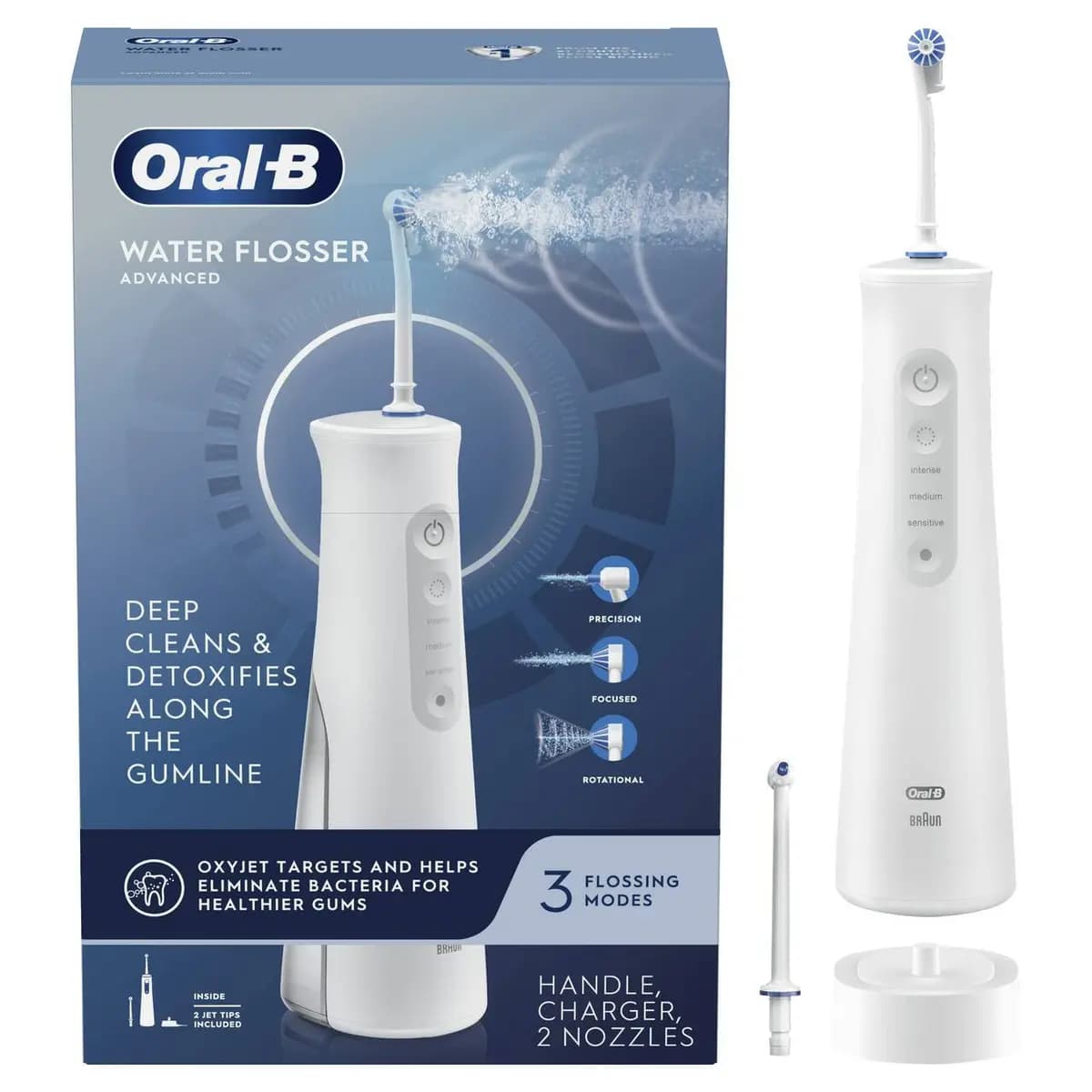 Oral-B Water Flosser Advanced, Portable Oral Irrigator Handle [Oxyjet Technology targets and helps eliminate plaque bacteria for healthier gums, On-demand mode allows for great con