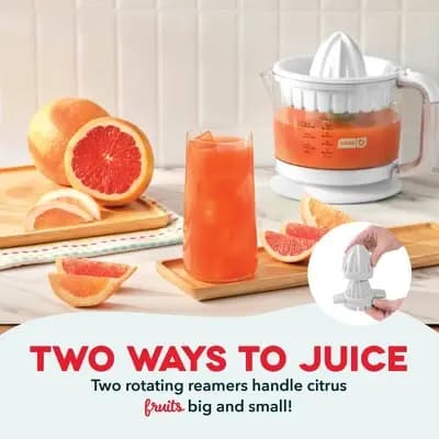 Dash Electric Dual Citrus Juicer - White: Lemon & Fruit Juicer, Multiple Cone Heads, Auto-Reversing, Dishwasher-Safe Parts [25.0 watts, 32 Ounces, Plastic]
