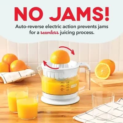 Dash Electric Dual Citrus Juicer - White: Lemon & Fruit Juicer, Multiple Cone Heads, Auto-Reversing, Dishwasher-Safe Parts [25.0 watts, 32 Ounces, Plastic]