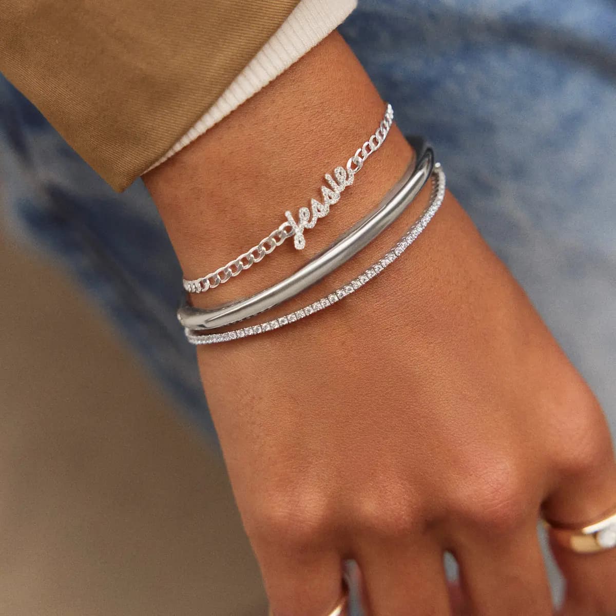 BaubleBar Curb Chain Custom Bracelet - Silver/Pave Script [Set on a smooth curb chain, Customize with up to 10 letters in the fon, Available in glossy gold or sleek silver,]