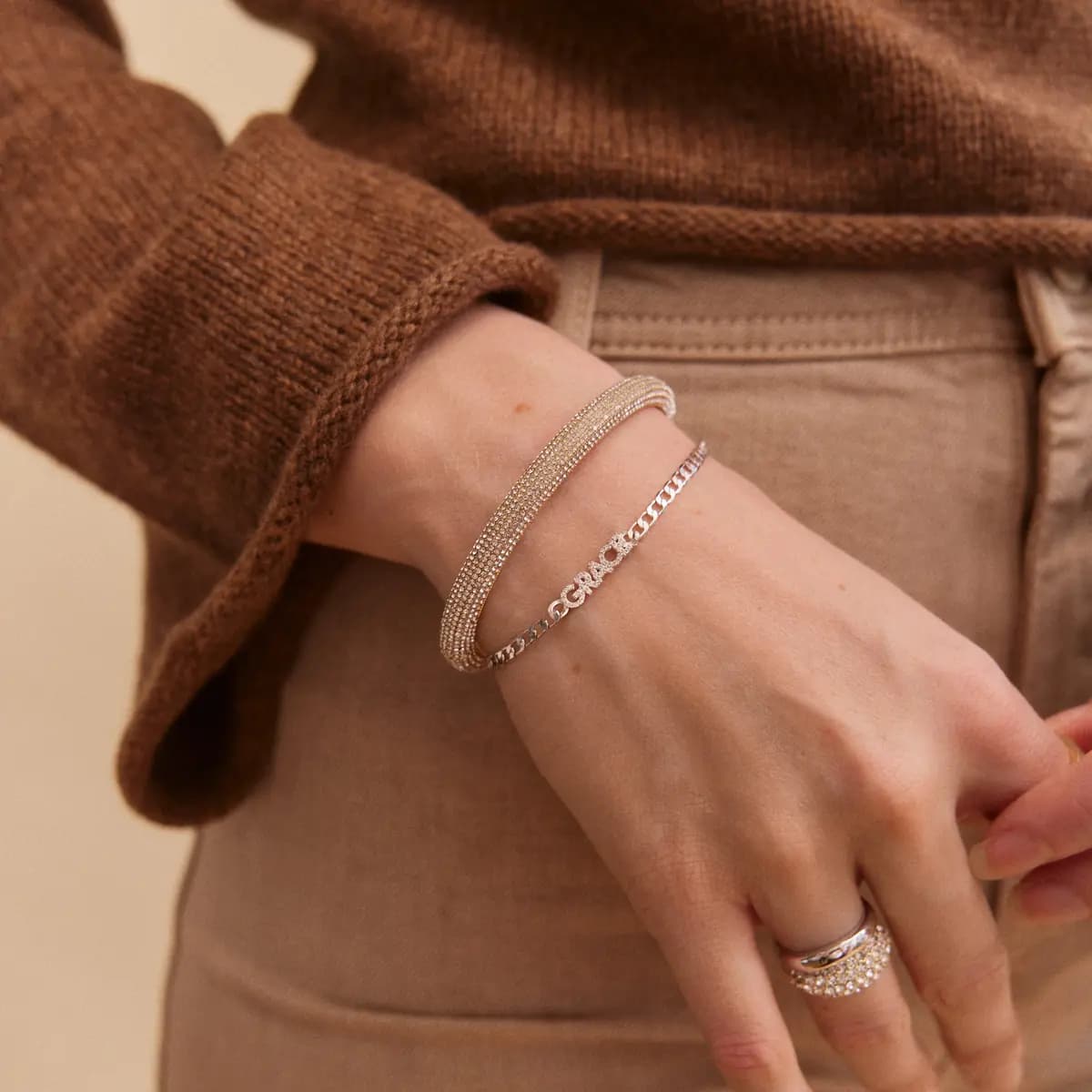 BaubleBar Curb Chain Custom Bracelet - Silver/Pave Script [Set on a smooth curb chain, Customize with up to 10 letters in the fon, Available in glossy gold or sleek silver,]