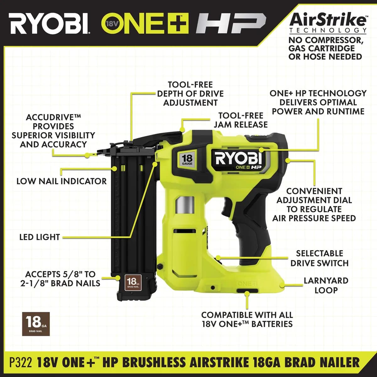 RYOBI 18V ONE+ HP Brushless AirStrike 18GA Brad Nailer Kit [Nail Range 5/8" to 2-1/8", Nails per Charge Up to 2,250, Magazine Capacity 105 Brad Nails]