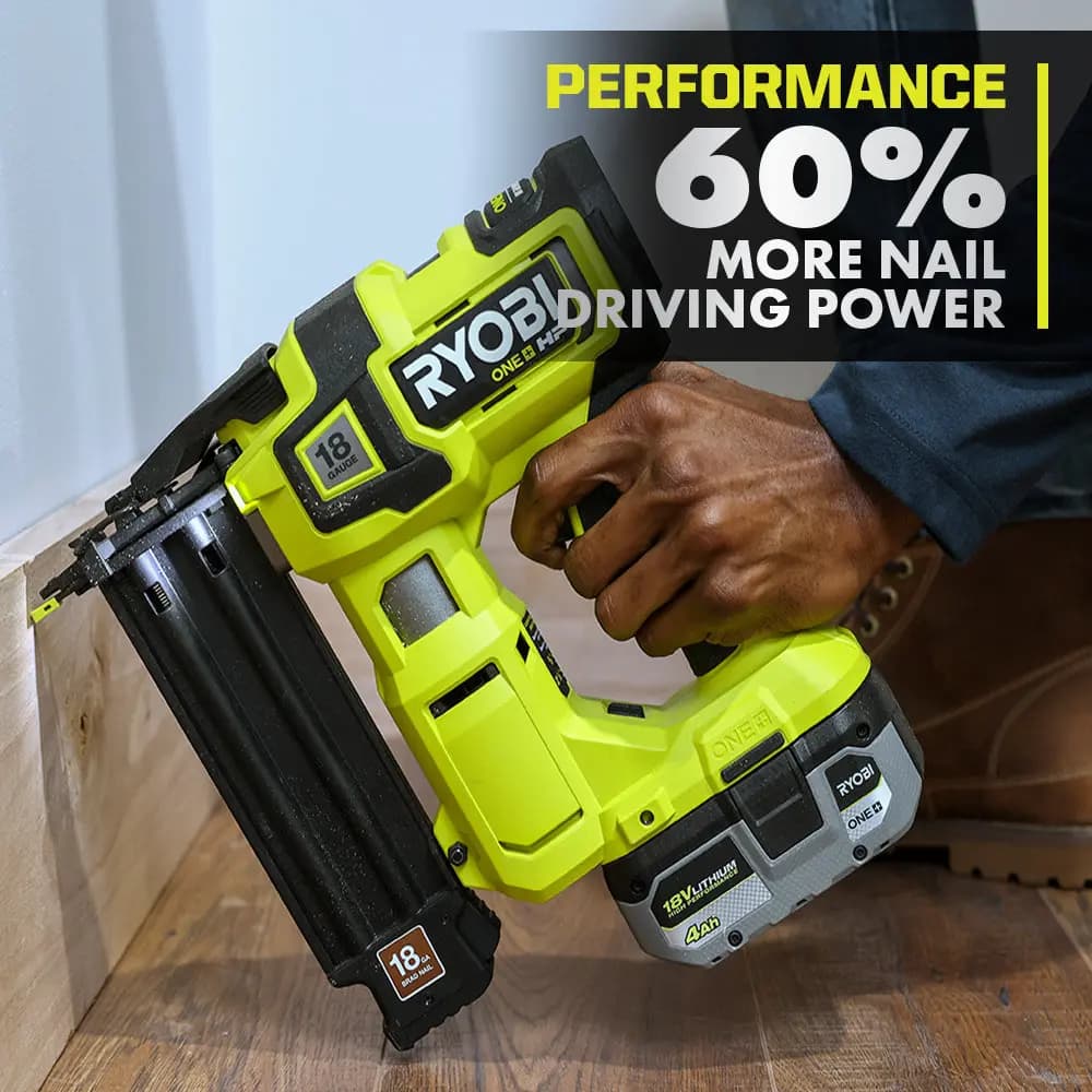 RYOBI 18V ONE+ HP Brushless AirStrike 18GA Brad Nailer Kit [Nail Range 5/8" to 2-1/8", Nails per Charge Up to 2,250, Magazine Capacity 105 Brad Nails]