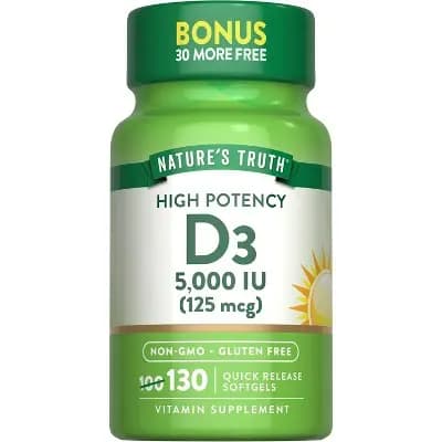 Nature's Truth Vitamin D3 5000 IU Softgels | 130 Count | High Potency | Non-GMO & Gluten Free Supplement [Softgel, 1 Quick Release Softgel, 130]