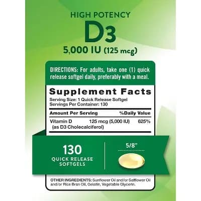 Nature's Truth Vitamin D3 5000 IU Softgels | 130 Count | High Potency | Non-GMO & Gluten Free Supplement [Softgel, 1 Quick Release Softgel, 130]