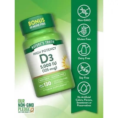Nature's Truth Vitamin D3 5000 IU Softgels | 130 Count | High Potency | Non-GMO & Gluten Free Supplement [Softgel, 1 Quick Release Softgel, 130]