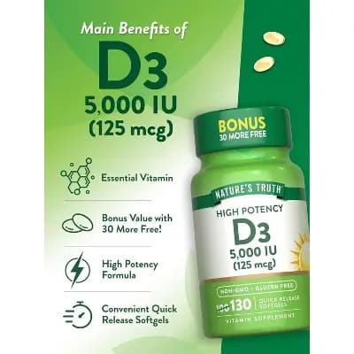 Nature's Truth Vitamin D3 5000 IU Softgels | 130 Count | High Potency | Non-GMO & Gluten Free Supplement [Softgel, 1 Quick Release Softgel, 130]