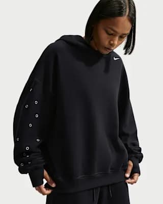 Nike Studio Fleece Medium Weight Women's Oversized Pullover Hoodie Total Black/Sail [Body/Hood Lining: 80% cotton/20% polyester, Machine wash, XS (0–2)-XXL (20–22)]