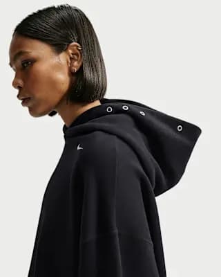 Nike Studio Fleece Medium Weight Women's Oversized Pullover Hoodie Total Black/Sail [Body/Hood Lining: 80% cotton/20% polyester, Machine wash, XS (0–2)-XXL (20–22)]